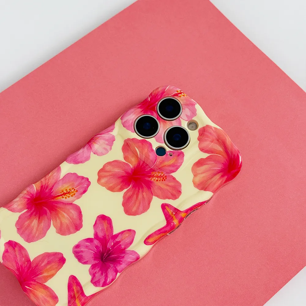 Shock absorption Clear Edge Wavy Phone Case - Island Girl Butter Yellow Hibiscus